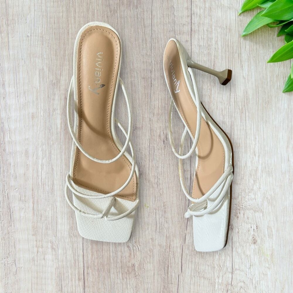 Vivianly Square Toe White Strappy Sandals Stiletto Heel